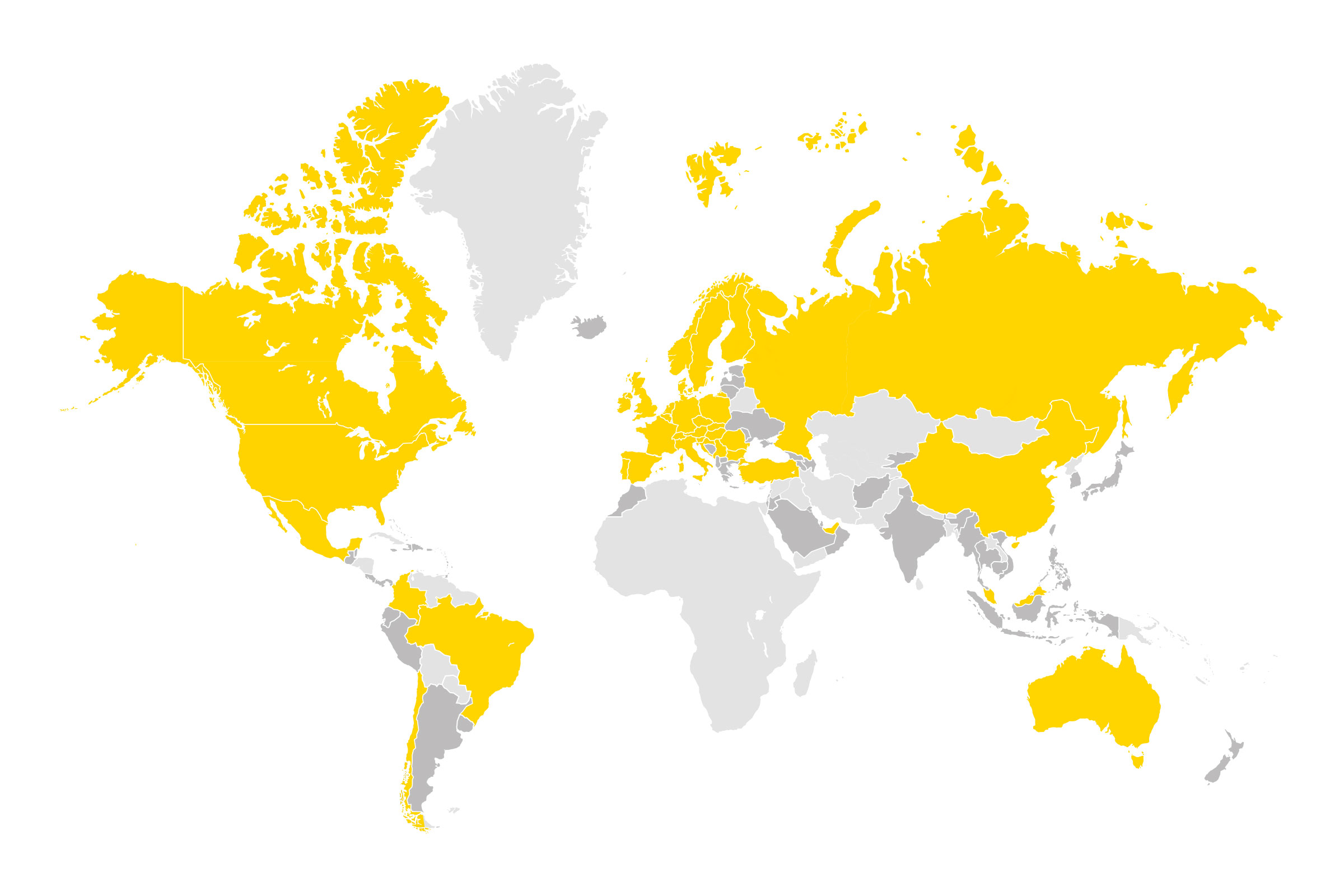 Mapa del mundo resaltado en amarillo y gris para mostrar dónde está representado Sto a lo largo de l