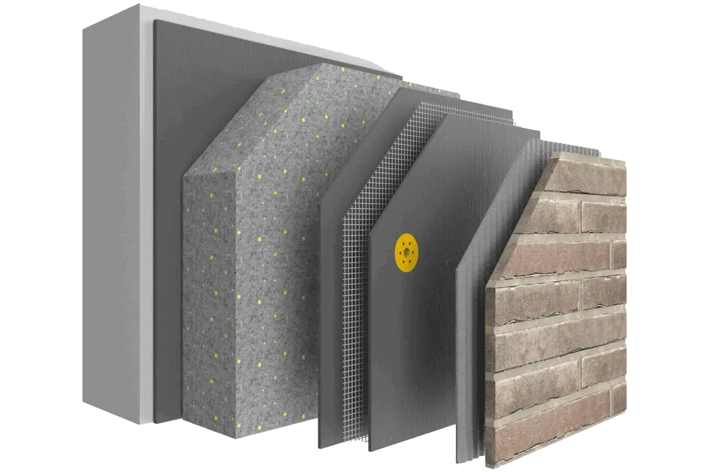 Systemaufbau des WDVS StoTherm Vario mit allen Materialebenen und EPS-Dämmplatten als Kern.