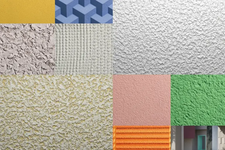 Collage con una mezcla de diversas fachadas y superficies en tonos beige, azul, verde y rojo